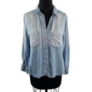 Bella Dahl Blue Top Denim Collared Split Back Roll Tab Sleeve Button-Up Small S